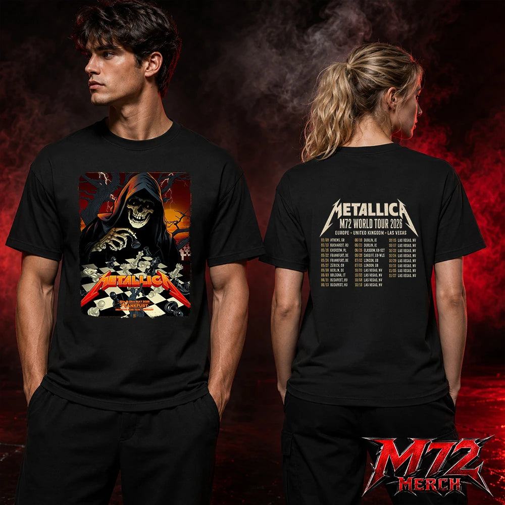 Metallica World Tour M72 May 22 & 24 2026 Frankfurt Germany Deutsche Bank Park Grim Reaper Chess Two Sided T-Shirt